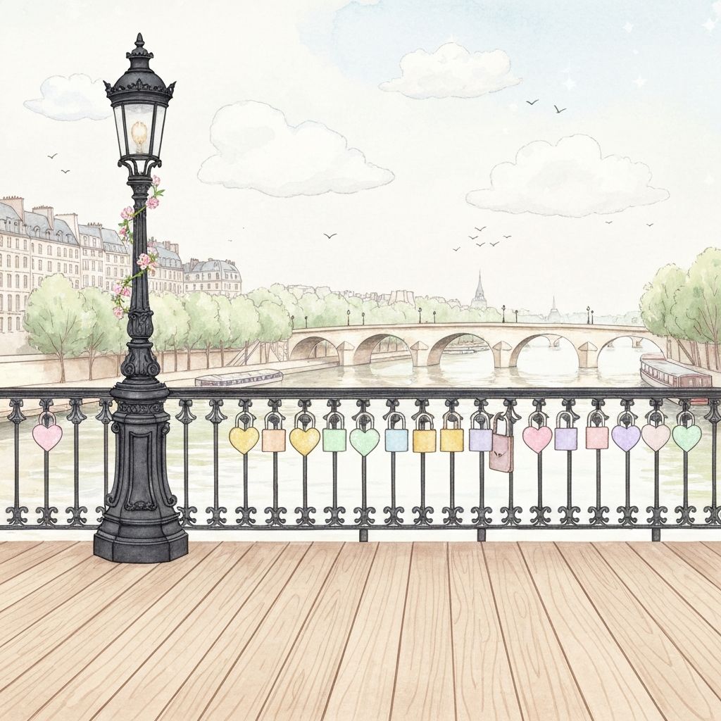 Watercolor illustration of the Pont des Arts bridge with the Seine river in Paris