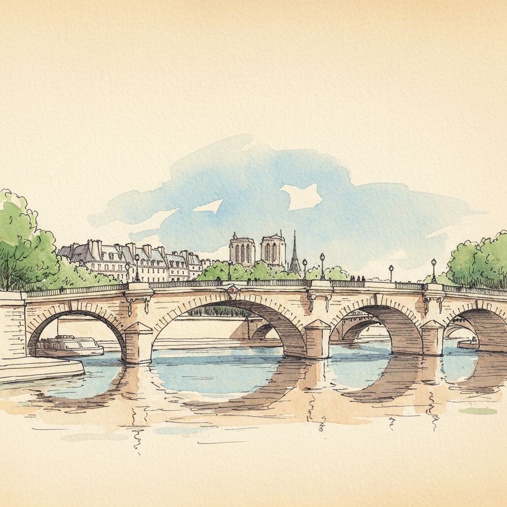 Watercolor sketch of the Pont des Arts bridge seen from across the Seine