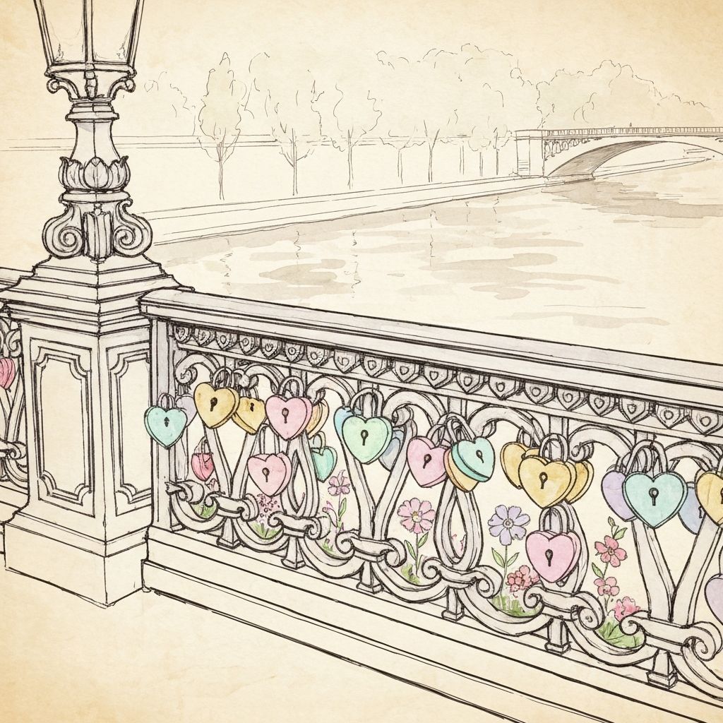 Watercolor sketch of love locks on the Paris bridge railing with lamppost